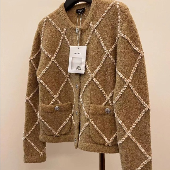 CHANEL | Jackets & Coats | Chanel Tan Knit Sweater Brand New Without ...